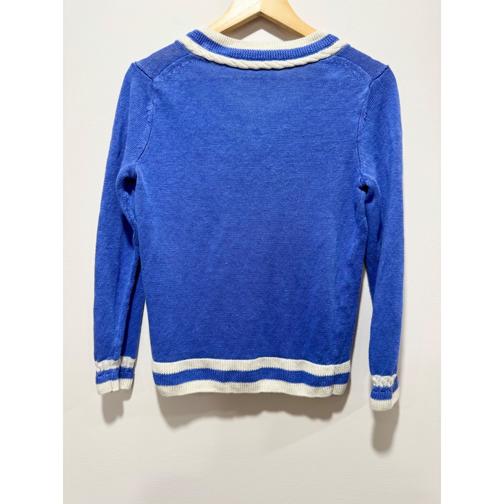 Talbots Womens Blue White Linen V-Neck Cable Trim Striped Knit Sweater Size M - Picture 2 of 5